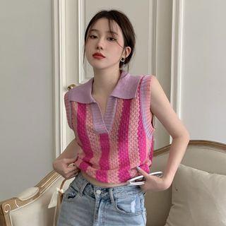 Collar Color Block Sweater Vest Pink - One Size
