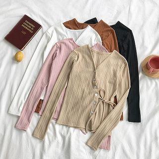 Plain Asymmetric Lace-up Long-sleeve Top