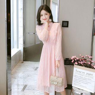 Long-sleeve Ruffle A-line Midi Lace Dress