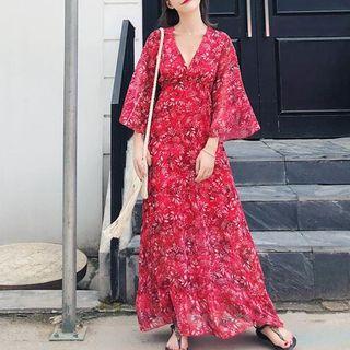 Bell 3/4-sleeve V-neck Leaf Print Chiffon Dress