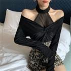 Halter-neck Cold-shoulder Long-sleeve T-shirt