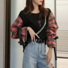 Tie-cuff Plaid-sleeve Heart Key Embroidered Pullover Black - One Size