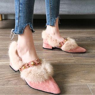 Block Heel Faux-fur Trim Pumps