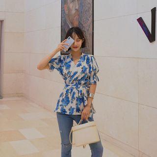 Puff-sleeve Floral Wrap Top