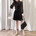 Lantern-sleeve Chiffon Mini A-line Dress Black - One Size