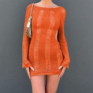 Long Sleeve Distressed Backless Knit Bodycon Mini Dress