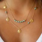 Turquoise & Alloy Disc Layered Necklace Gold - One Size