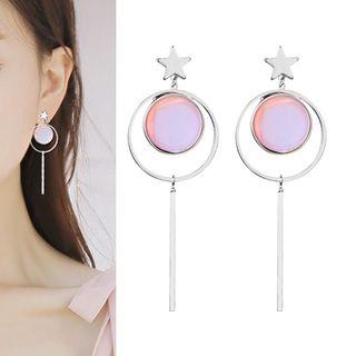 925 Sterling Silver Star Disc & Bar Dangle Earring Star & Pink Circle - Silver - One Size