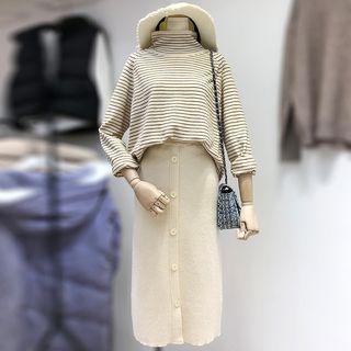 Long-sleeve Striped Knit Top / H-line Knit Skirt / Set
