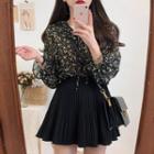 Single-breasted Blazer / Floral Blouse / High Waist A-line Skirt