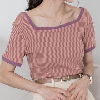 Square Neckline Striped Cropped Knit Top