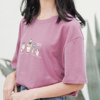 Short-sleeve Cartoon Print T-shirt Purple - One Size
