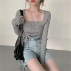 Long-sleeve Square-neck Drawstring Cropped Top