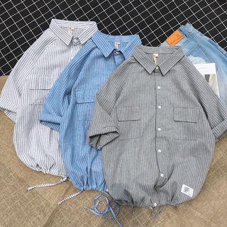 Drawstring Hem Striped Shirt