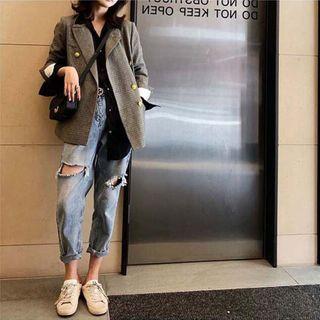 Set: Double Breast Plaid Blazer + Cutout Jeans