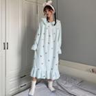 Lace Trim Flannel Long-sleeve Sleep Dress