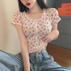 Short-sleeve Lace Trim Floral Cropped T-shirt Pink Floral - White - One Size