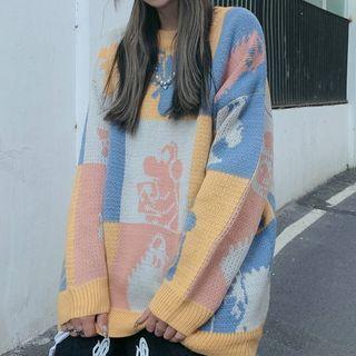 Graphic Print Color Block Sweater