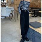 Long-sleeve Zebra Print Cropped T-shirt / High-waist Pants