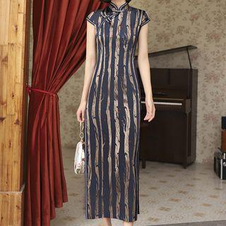 Short-sleeve Striped Maxi Qipao