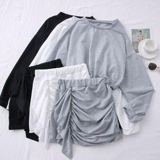 Set: Drawstring-hem Crop Sweatshirt + Ruffled-trim Ruched Mini Skirt