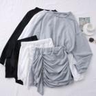 Set: Drawstring-hem Crop Sweatshirt + Ruffled-trim Ruched Mini Skirt