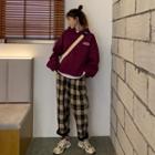 Letter Embroidered Oversize Hoodie / Plaid Cropped Straight-fit Pants