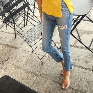 Slim Straight-cut Distressed Jeans