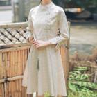 Long-sleeve Frog Buttoned Plaid A-line Midi Dress