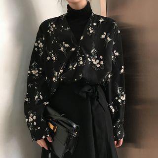 Long-sleeve Floral-pattern Shirt Black - One Size