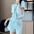 Set: Short-sleeve Jacquard Cropped Blouse + Shorts