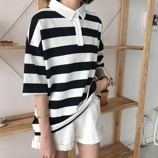 Striped Elbow Sleeve Polo Shirt As Shown In Figure - One Size