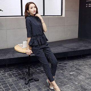 Set: Elbow-sleeve Striped Top + Carpi Pants