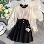 Mock Two-piece Long-sleeve Feather-accent A-line Dress