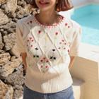 Flower Embroidery Cable-knit Top Beige - One Size
