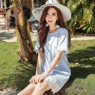 Short-sleeve Lace-trim Striped Dress