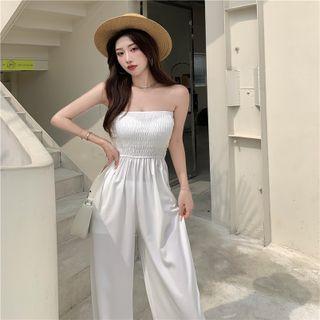 Strapless Shirred Wide Leg Jumpsuit