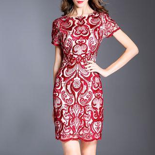 Short-sleeve Embroidered Lace Mini Sheath Dress