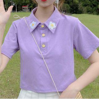 Flower Embroidered Short-sleeve Cropped Polo Shirt