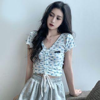 Floral Short-sleeve Drawstring Cropped T-shirt White - One Size