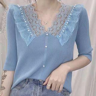 Elbow-sleeve Lace Collar Knit Top