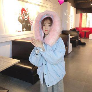 Furry-trim Faux Shearling Hooded Buttoned Denim Jacket
