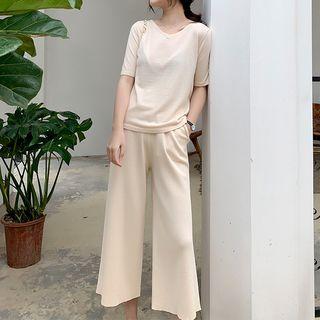 Set: Plain Elbow-sleeve Knit Top + Cropped Wide-leg Pants