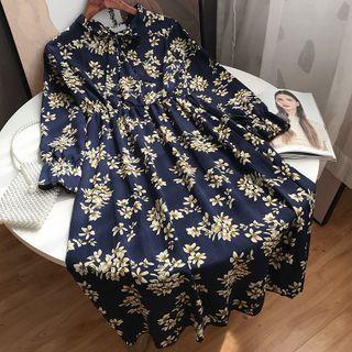 Flower Print Long-sleeve Midi A-line Dress Blue - One Size