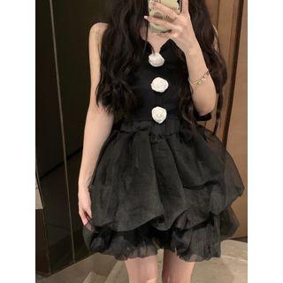 Flower Accent Cropped Camisole Top / Puffy Mini A-line Skirt