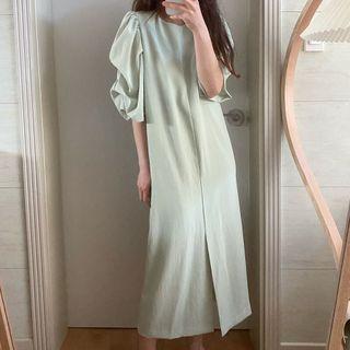 Elbow-sleeve Midi A-line Dress Light Green - One Size