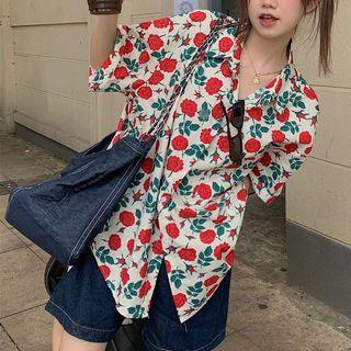 Short-sleeve Floral Shirt Floral - Red & Green - One Size