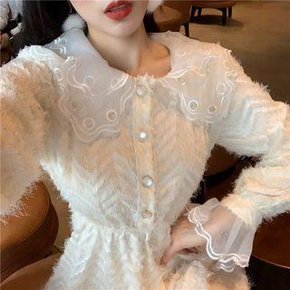 Long-sleeve Collared A-line Midi Fringe Dress As Shown In Figure - One Size