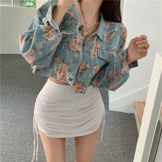 Floral Cropped Denim Jacket Blue - One Size