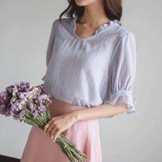Frill-collar Beribboned Stripe Blouse